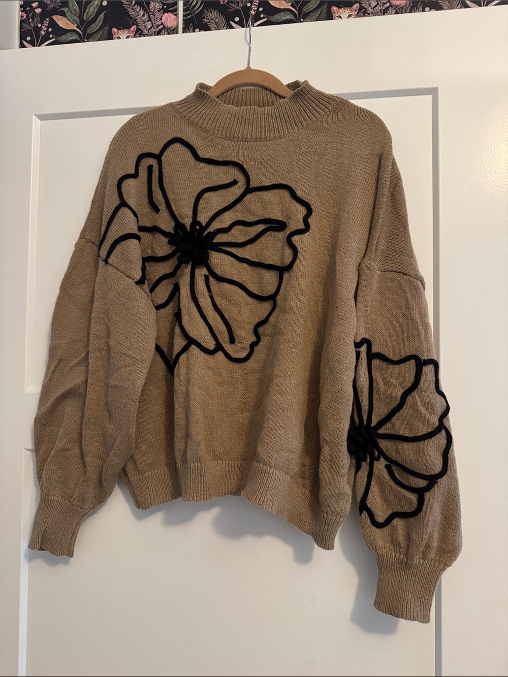 SHEIN Tan Knit Sweater with Black Floral Appliqué